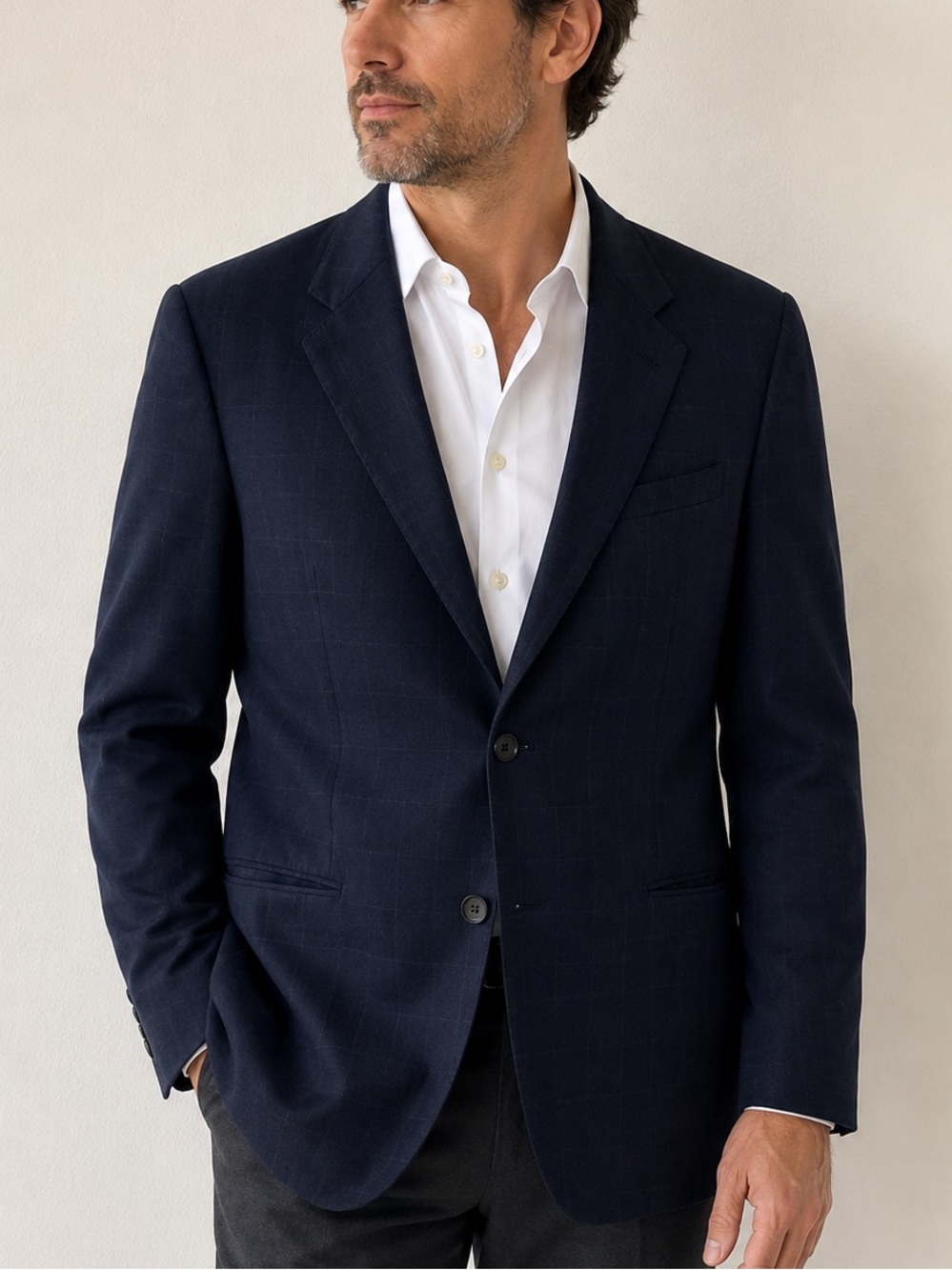 Armani Collezioni Black Wool Blue Windowpane Blazer Jacket 42R Italy